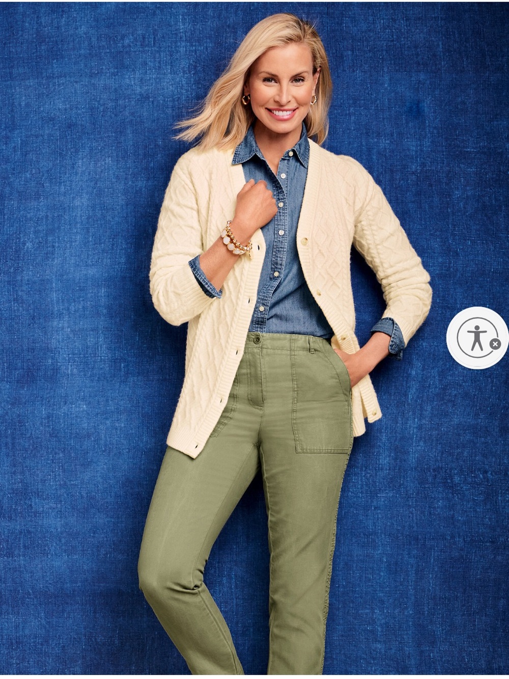 Talbots Wool Alpaca Blend Cable Knit Button Front Cream Cardigan Size Large